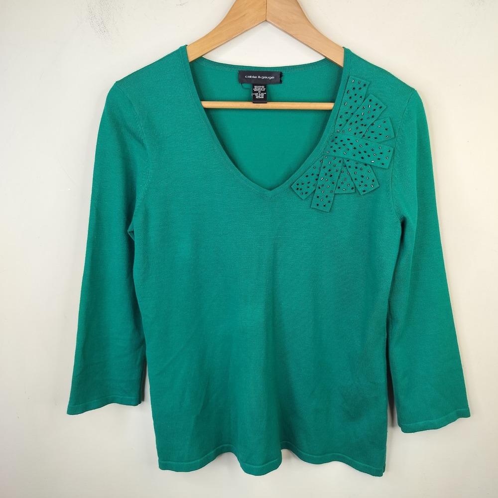 Cable & Gauge Sweater Medium Beaded Bow 3/4 Sleeve Green Teal Stretch